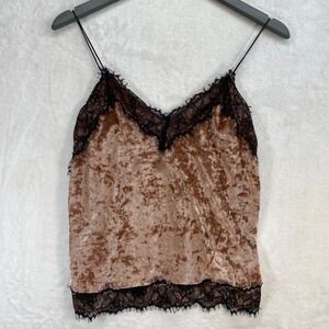 Bershka Velvet Cami Top Lace Trim Spaghetti Strap Brown Tank Top Size S - flaw